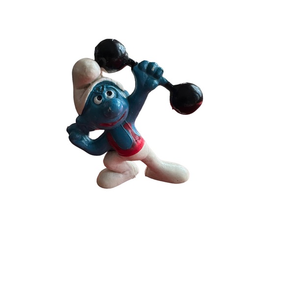 1972 Schleich Smurfs PVC Figure 20020-Barbell Gymnast Smurf w/ Red Shirt - Picture 1 of 6